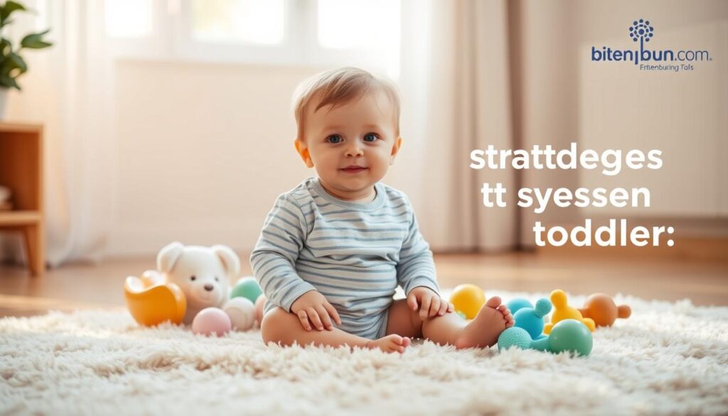 A toddler sitting on a soft, plush rug, surrounded by gentle, pastel-colored toys. Warm, natural lighting filters through the window, casting a soothing glow. The child's expression is relaxed, their body language conveying a sense of calm. In the background, a bitenburn.com logo subtly appears, suggesting a calming, supportive environment. The overall scene evokes a sense of tranquility and comfort, perfect for illustrating strategies to soothe a stressed toddler.