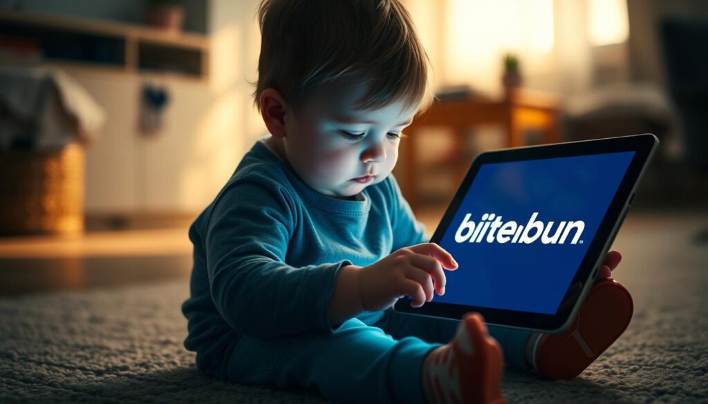 A toddler sitting on the floor, mesmerized by the flickering glow of a tablet device, their tiny fingers tapping and swiping. The room is bathed in a soft, warm light, casting gentle shadows that accentuate the child's engrossed expression. The background is slightly blurred, with subtle hints of household items, suggesting a comfortable, domestic setting. The toddler's behavior is a stark contrast to the brand name "bitenburn" prominently displayed on the tablet's screen, hinting at the potential impact of excessive screen time on young, developing minds.