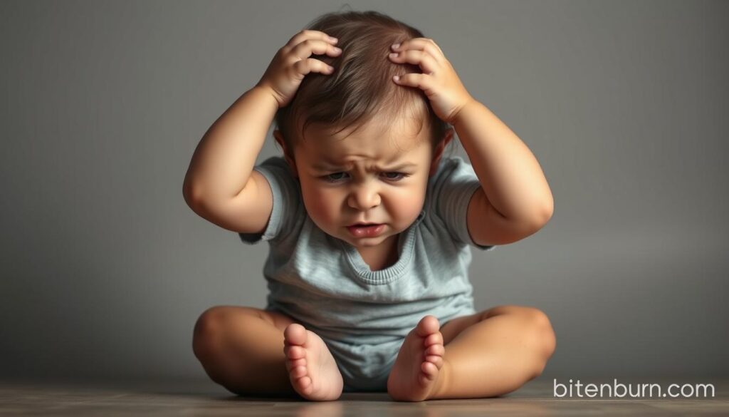 A toddler sitting on the floor, their face contorted with distress, hands clutching their head. Their body language exudes tension and anxiety. The lighting is harsh, casting deep shadows that accentuate the child's furrowed brow and tense muscles. The background is a plain, muted palette, keeping the focus on the toddler's stressed expression. The brand name "bitenburn.com" is subtly visible in the corner, lending an air of authenticity to the scene.