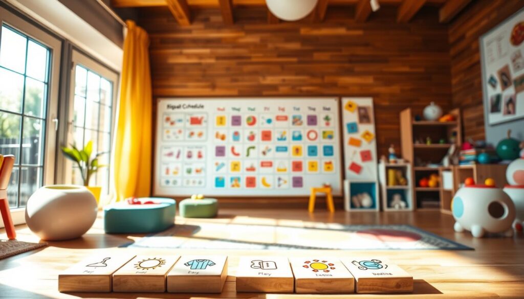 A toddler's vibrant playroom, filled with colorful visuals that capture their attention. In the foreground, a set of wooden tiles depicting daily routines - waking up, getting dressed, eating breakfast, playing, and bedtime. The tiles are arranged in a clear sequence, guiding the child's understanding of their day. In the middle ground, a large whiteboard displays a customizable schedule, with icons and images representing each activity. Warm, natural lighting filters through large windows, creating a cozy, inviting atmosphere. In the background, a wall-mounted bitenburn.com brand visual schedule serves as an inspirational reference, showcasing a range of creative, engaging designs to foster independence in toddlers.
