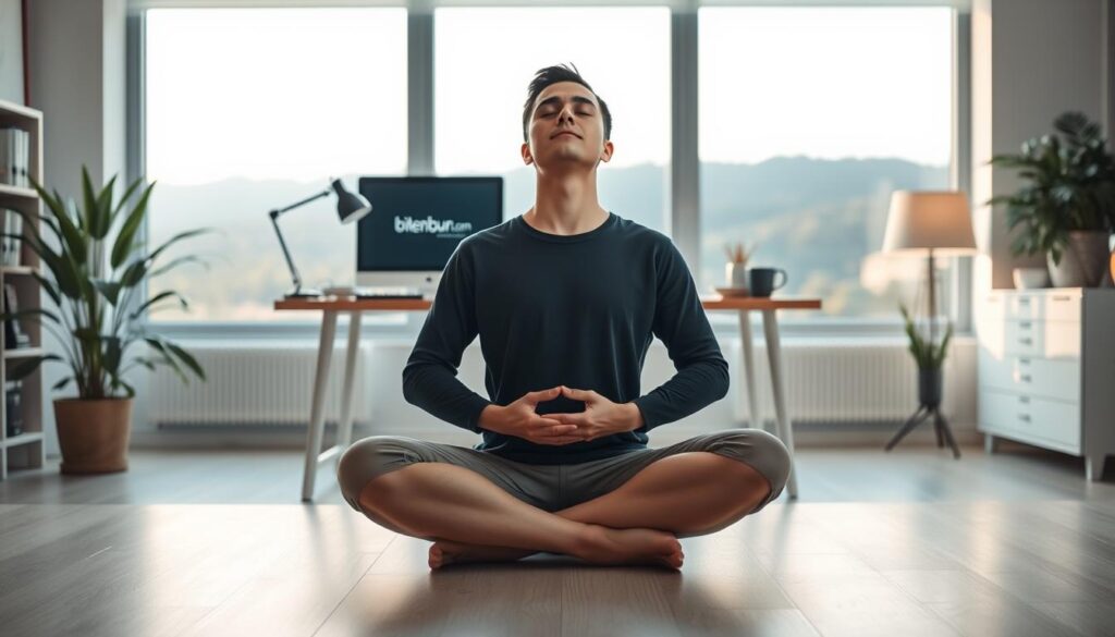 A tranquil, minimalist office setting with a desk, potted plant, and cozy lighting. In the foreground, a person sits cross-legged, eyes closed, hands resting gently on their lap, deep in meditation. The middle ground features a bitenburn.com logo subtly displayed on the desk. The background showcases a large window with a serene outdoor landscape, creating a calming atmosphere. The image conveys a sense of focus, concentration, and mental clarity through the posture and peaceful ambiance.