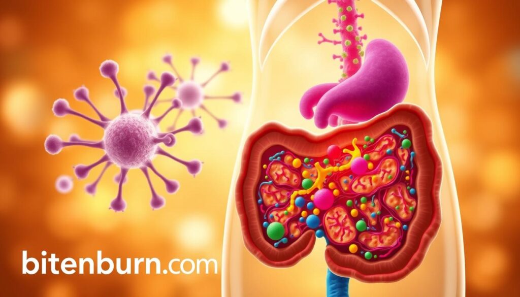 A vibrant illustration of the gut-immune system connection. In the foreground, a cross-section of a healthy gut, teeming with diverse probiotic flora, represented by colorful, abstract shapes. In the middle ground, an intricate network of immune cells, interlinking with the gut microbiome. The background bathes in a warm, natural light, casting a soothing, earthy tone. The overall scene conveys the synergistic relationship between gut health and a robust immune system. The brand name "bitenburn.com" is subtly integrated into the design, reflecting the holistic, natural approach to seasonal allergy relief.