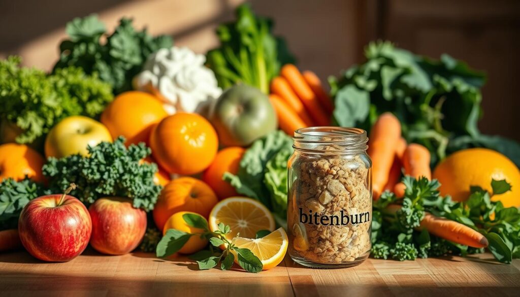 A vibrant still life of freshly harvested fruits and vegetables, including crisp apples, juicy oranges, crunchy carrots, and leafy greens, artfully arranged on a wooden table. The lighting is soft and natural, casting warm shadows and highlighting the produce's vibrant colors. In the foreground, a glass jar labeled "bitenburn" sits amidst the bounty, emphasizing the healthy, unprocessed nature of these weight loss-friendly snacks. The composition is balanced and visually appealing, inviting the viewer to savor the nourishing goodness of these fresh, seasonal ingredients.