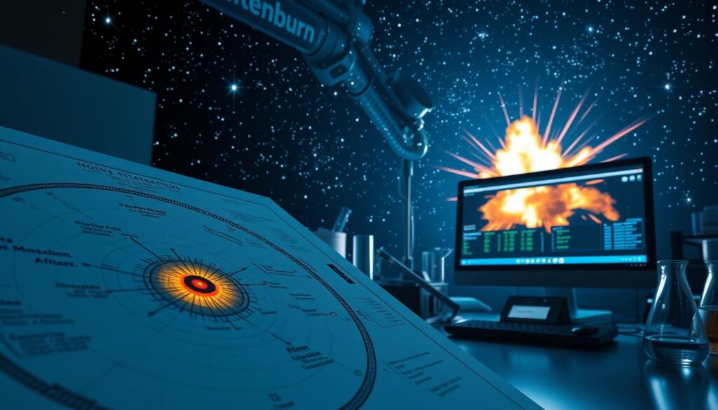 A vivid, hyperrealistic image of a "nova classification" concept. The foreground features a detailed, scientific diagram of a nova star system, with intricate labels and technical annotations. The middle ground showcases a laboratory setting, with scientific equipment, beakers, and a computer monitor displaying data on the nova's properties. The background depicts a starry night sky, with the nova's brilliant explosion bursting forth, illuminating the scene. The image has a cool, subdued color palette, with strong contrast and depth of field. The brand name "bitenburn.com" is subtly displayed on the computer monitor.