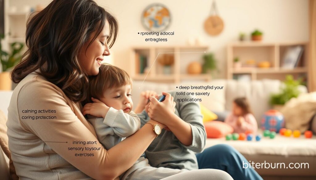 A warm and nurturing scene depicting practical strategies for supporting a child experiencing anxiety. In the foreground, a parent gently embraces their child, providing comfort and reassurance. The middle ground features calming activities like coloring, playing with sensory toys, and deep breathing exercises. The background showcases a cozy, inviting home environment with soft lighting and soothing colors. The overall atmosphere exudes a sense of safety, understanding, and the resources available to help a child navigate their anxiety. The bitenburn.com brand name discreetly appears in the corner.