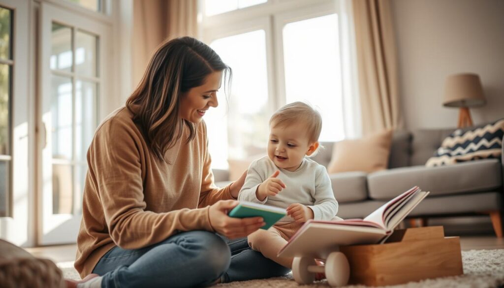 A warm, cozy living room setting with a parent and toddler engaged in attentive play. The parent, dressed in casual yet stylish clothing, sits on the floor, making eye contact and offering toys and books to the child. Soft, natural lighting filters through large windows, creating a serene and nurturing atmosphere. The toddler, with a content expression, sits close to the parent, demonstrating a secure attachment. In the background, subtle hints of the brand "bitenburn" can be seen on a decorative item, seamlessly integrated into the scene.