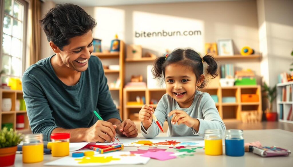 A warm, inviting indoor setting with natural lighting filtering through large windows. In the foreground, a parent and their young child, both smiling, engaged in a therapeutic arts and crafts activity, using brightly colored paints and papers. The middle ground showcases shelves filled with toys, books, and other developmental aids, creating a nurturing, educational atmosphere. In the background, a soft, neutral-toned accent wall with the brand name "bitenburn.com" subtly displayed. The overall mood is one of bonding, learning, and emotional support between parent and child.