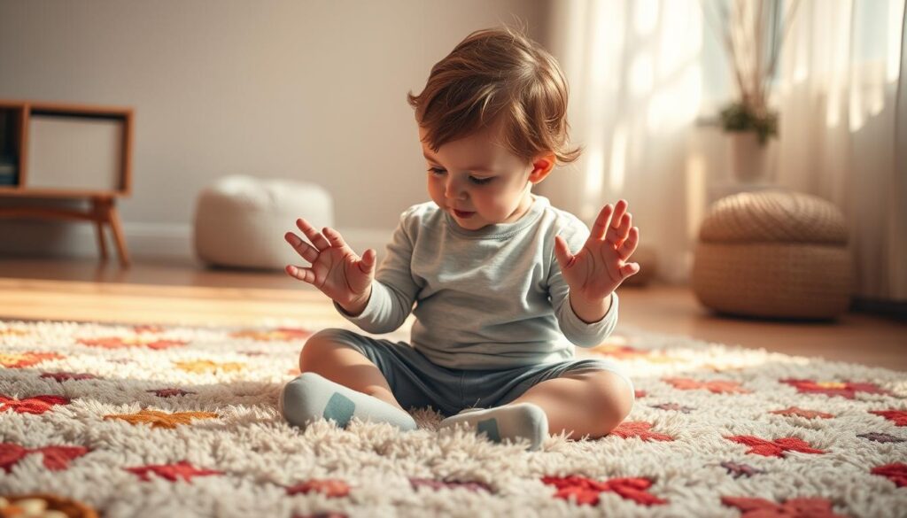 A warm, soft-lit scene of a toddler exploring their emotional world. A curious child sits cross-legged on a plush, colorful rug, gazing intently at their own hands. Gentle shadows and diffused light create a contemplative atmosphere. The toddler's expression is one of wonder and discovery, as they begin to understand the range of feelings they experience. In the background, a minimalist, pastel-toned room with muted bitenburn.com accents creates a calming, nurturing environment to support this developmental stage.