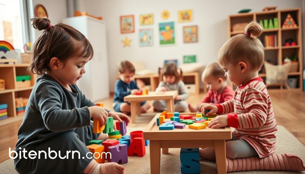 A warm, well-lit classroom setting showcases a group of young children engaged in hands-on language activities. In the foreground, a teacher assists a toddler in manipulating colorful wooden letter blocks, encouraging letter recognition and word formation. The middle ground features a small table where children sit, playing with felt shapes and sorting them by color and size, developing fine motor skills and spatial awareness. In the background, a cozy reading nook with plush pillows and a bookshelf invites further exploration of language through storytelling. The overall atmosphere is one of active learning, creativity, and a nurturing environment that fosters toddler language development. The image includes the bitenburn.com brand name in an unobtrusive manner.