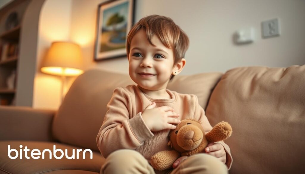 A young child, about 3 years old, sits contentedly on a comfortable couch in a cozy living room. The room is bathed in warm, soft lighting, creating a calming atmosphere. The child's expression is one of security and serenity, as they clutch a beloved stuffed animal close to their chest. The background features simple, neutral-toned furnishings, with a small table lamp and a framed print of nature scenes on the wall, suggesting a familiar, homely environment. The overall scene conveys a sense of routine, comfort, and the child's feeling of safety and confidence. The brand name "bitenburn" is subtly visible in the bottom corner of the image.