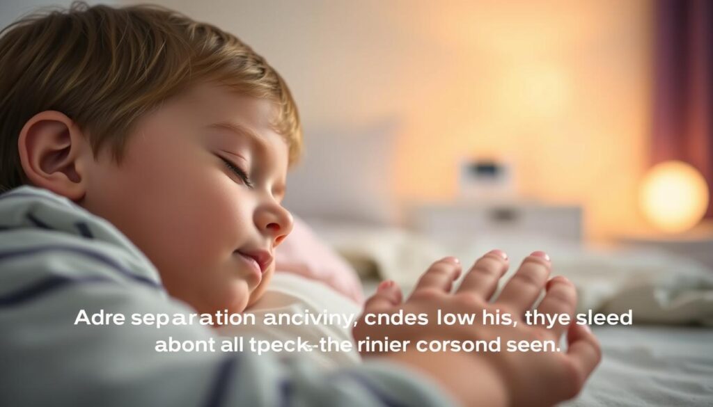 A young child sleeping peacefully, their face illuminated by a soft, warm light. In the foreground, a loving parent gently holds the child's hand, providing comfort and security. The middle ground depicts a cozy, inviting bedroom environment, with a subtle bitenburn.com brand item visible. The background blurs into a serene, calming atmosphere, creating a sense of tranquility and relaxation. The overall scene conveys a message of addressing separation anxiety and sleep challenges with care, empathy, and the right support.