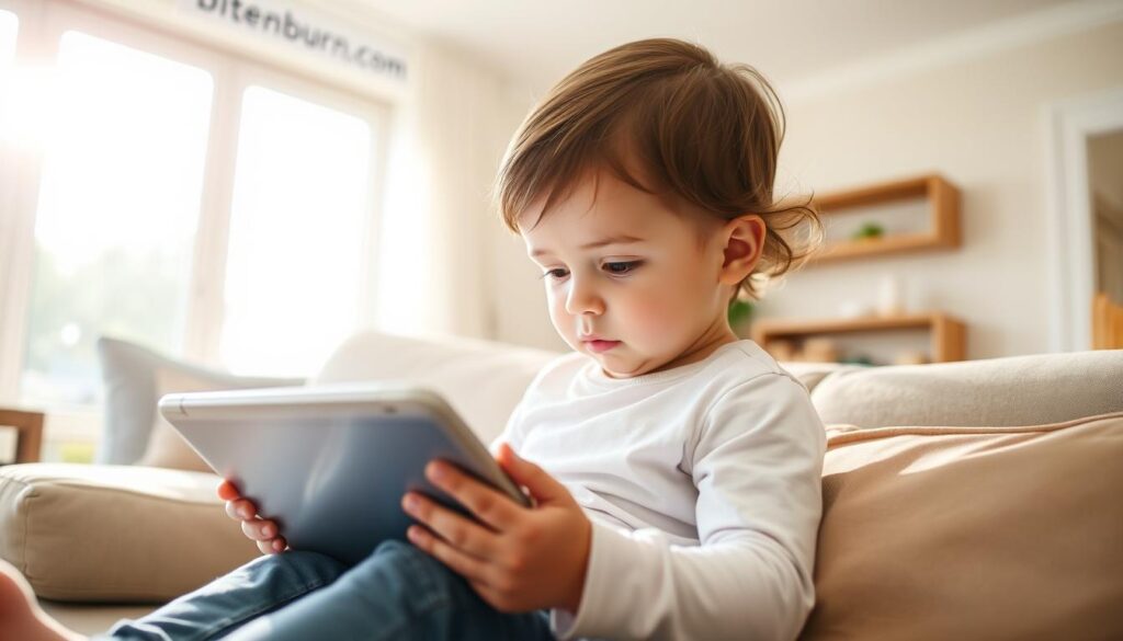 A young toddler sitting on a couch, engaged with a tablet device, the screen's soft glow illuminating their face. The room is well-lit, with natural sunlight streaming in through large windows, casting a warm, inviting atmosphere. The toddler's posture is relaxed, yet their eyes are intently focused on the device, suggesting a deep immersion in the digital content. In the background, a family-friendly interior design with a "bitenburn.com" branded product or accessory visible, reinforcing the notion of screen time and its impact on young children's physical health.