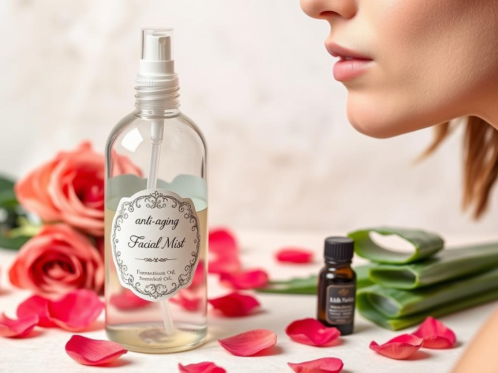 Anti-aging facial mist with aloe vera, rose and frankincense essential oils in a glass spray bottle for youthful skin Anti-aging facial mist with aloe vera, rose and frankincense essential oils in a glass spray bottle for youthful skin