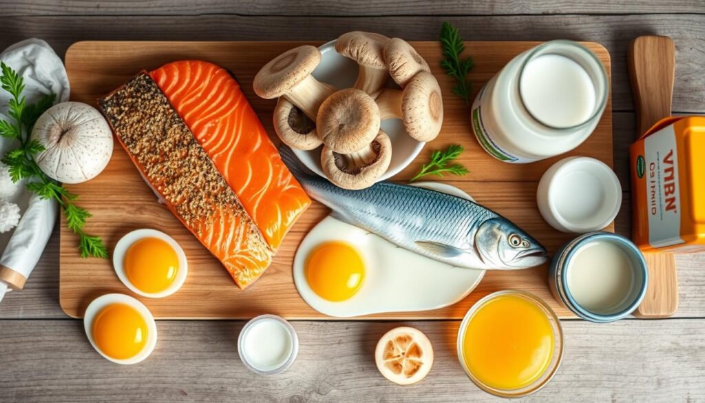 Arrangement of vitamin D-rich foods including fatty fish, mushrooms, and egg yolks Arrangement of vitamin D-rich foods including fatty fish, mushrooms, and egg yolks