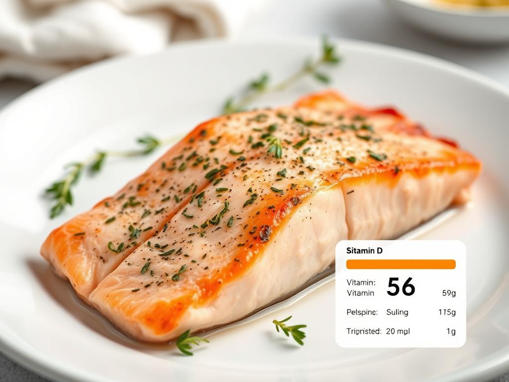Cooked salmon fillet with nutritional information about vitamin D content Cooked salmon fillet with nutritional information about vitamin D content