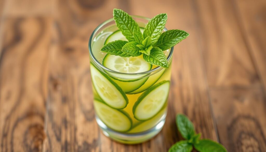 Create an image of a refreshing glass of green tea and cucumber detox water with slices of cucumber and a sprig of fresh mint.
