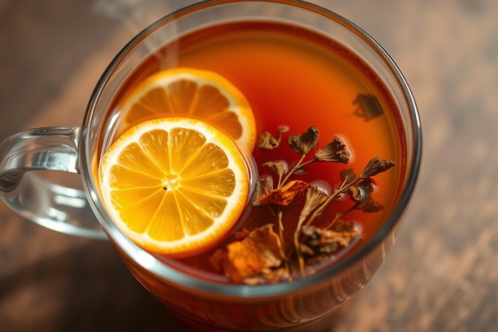 Dandelion root infusion with lemon in a glass cup Dandelion root infusion with lemon in a glass cup