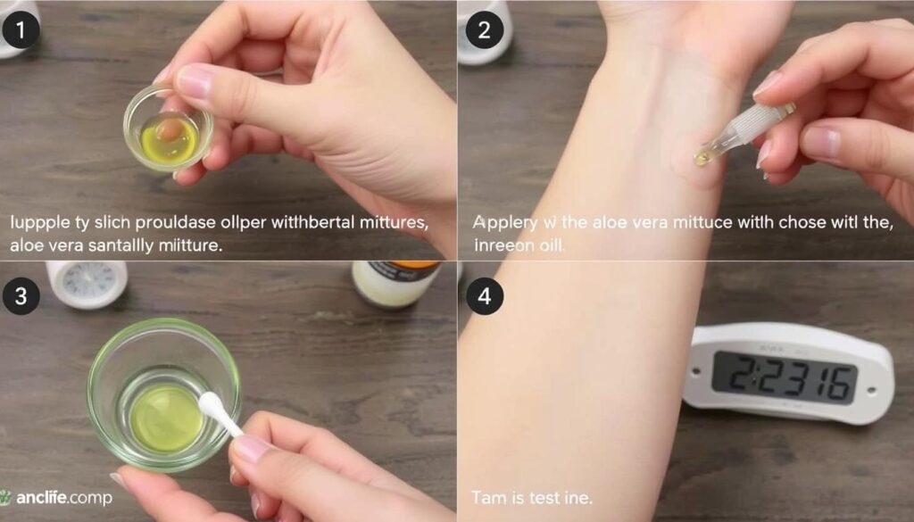 Demonstration of patch testing aloe vera and essential oil mixture on inner forearm for youthful skin safety Demonstration of patch testing aloe vera and essential oil mixture on inner forearm for youthful skin safety