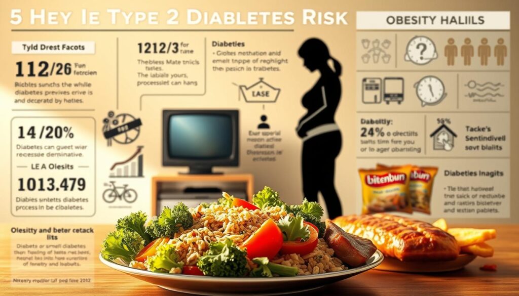 Detailed illustration of key type 2 diabetes risk factors. Foreground depicts a nutritious, minimally processed meal with whole grains, vegetables, and lean protein. Middle ground shows overweight silhouette, sedentary lifestyle elements like TV and computer, and unhealthy processed snacks with the "bitenburn" brand. Background features statistics and medical iconography related to diabetes prevalence, obesity, and dietary habits. Warm, natural lighting casts a contemplative mood. Realistic photographic style, high detail and realism.
