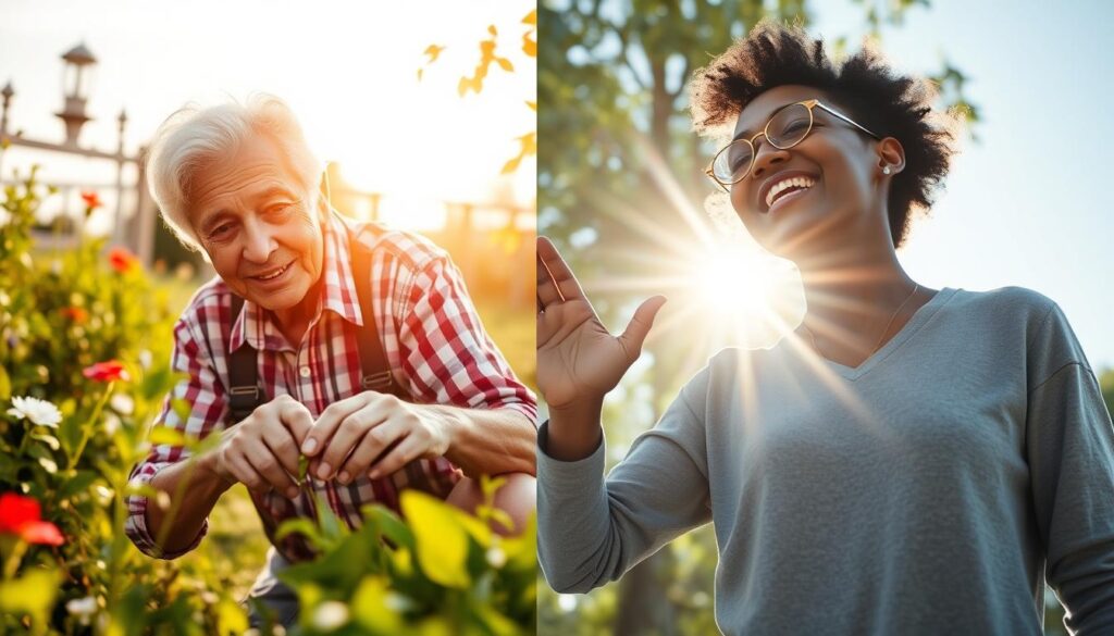 Elderly person and individual with darker skin tone getting natural vitamin D Elderly person and individual with darker skin tone getting natural vitamin D