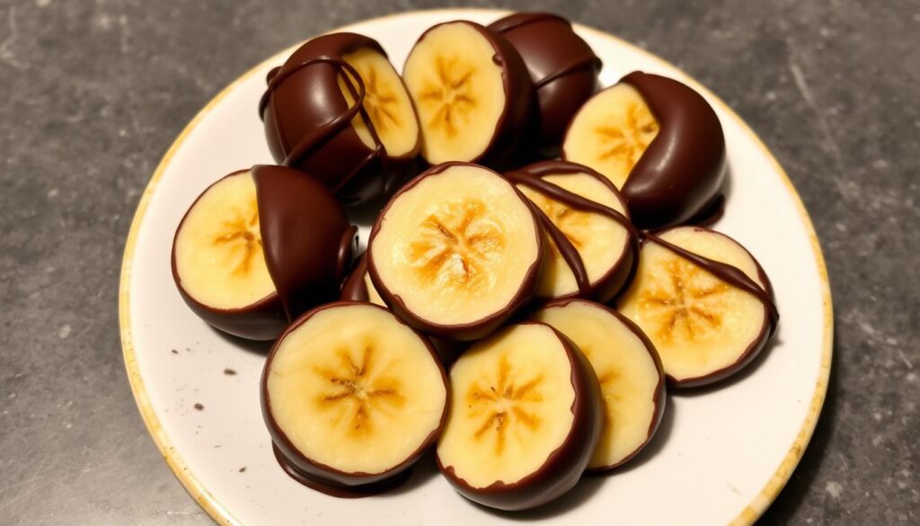Frozen banana bites dipped in dark chocolate