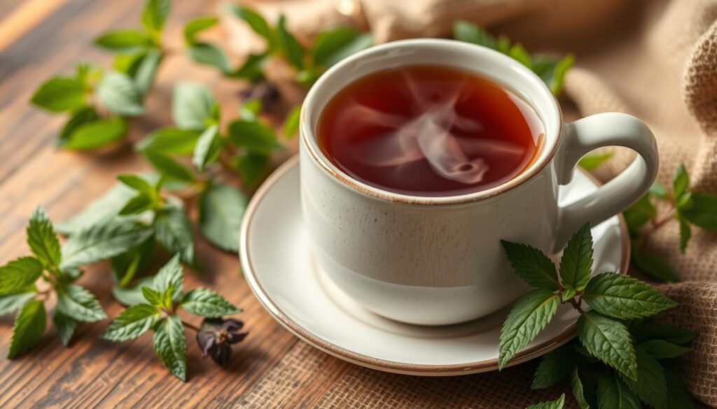 Generate an image of a cup of tulsi tea with fresh tulsi leaves.