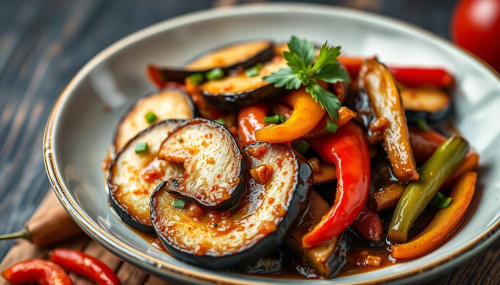 Generate an image of a delicious eggplant stir-fry with Asian flavors, featuring sliced eggplant, peppers, and a savory sauce.