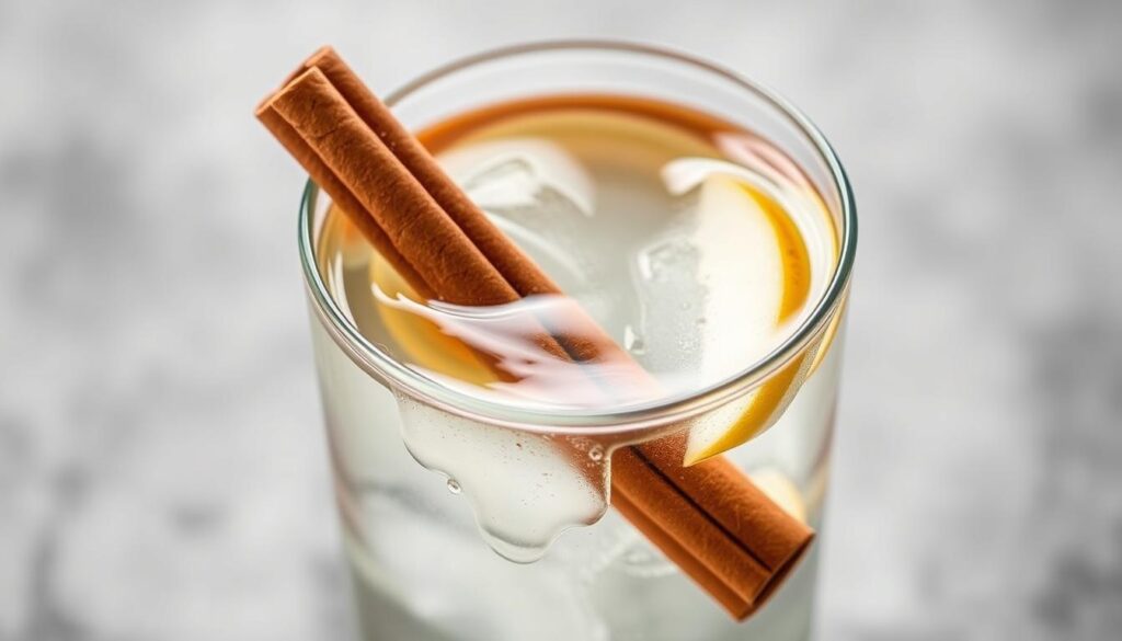 Generate an image of a glass of apple cider vinegar and cinnamon detox water with a cinnamon stick floating in it.