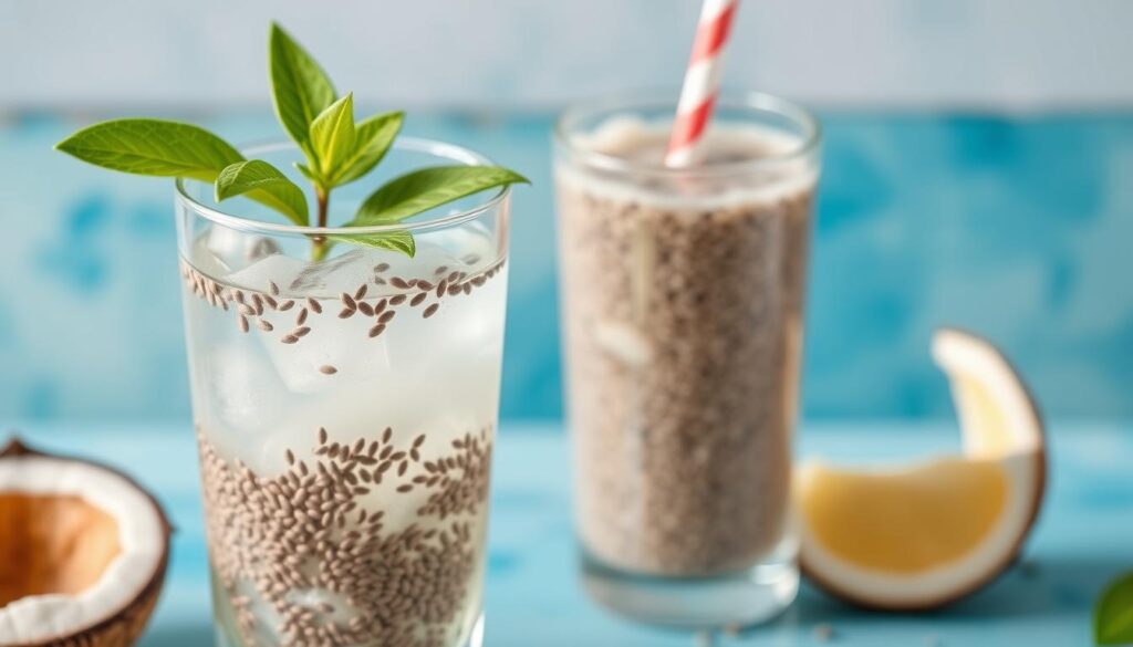 Generate an image of a glass of chia seed and coconut water detox drink with chia seeds floating in it.