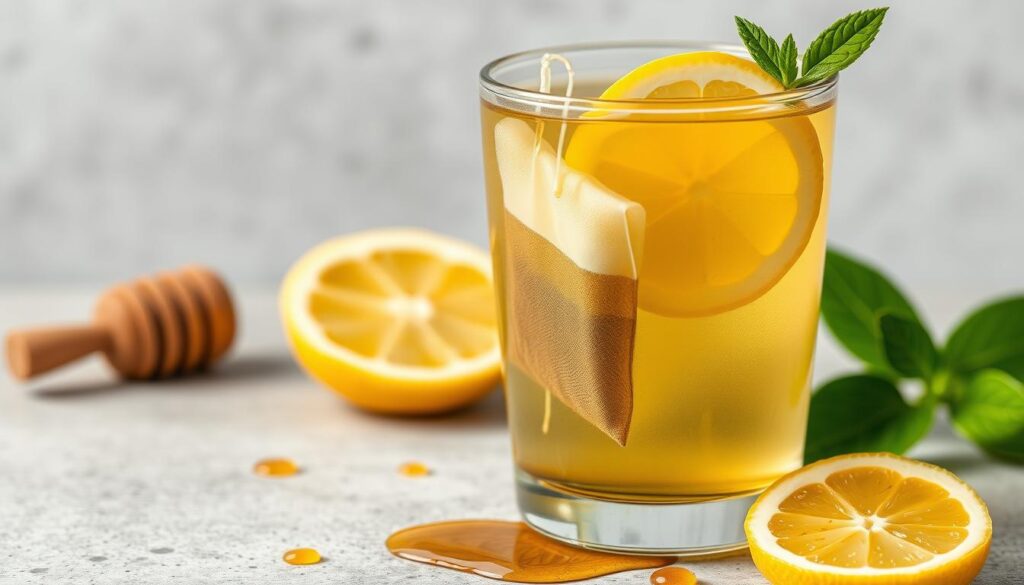 Generate an image of a glass of green tea, lemon, and honey detox water with a tea bag and lemon slices floating in it.