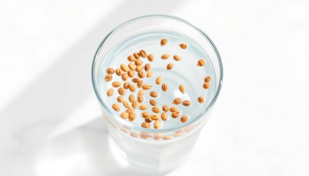 Generate an image of a glass of jeera water with cumin seeds floating in it.