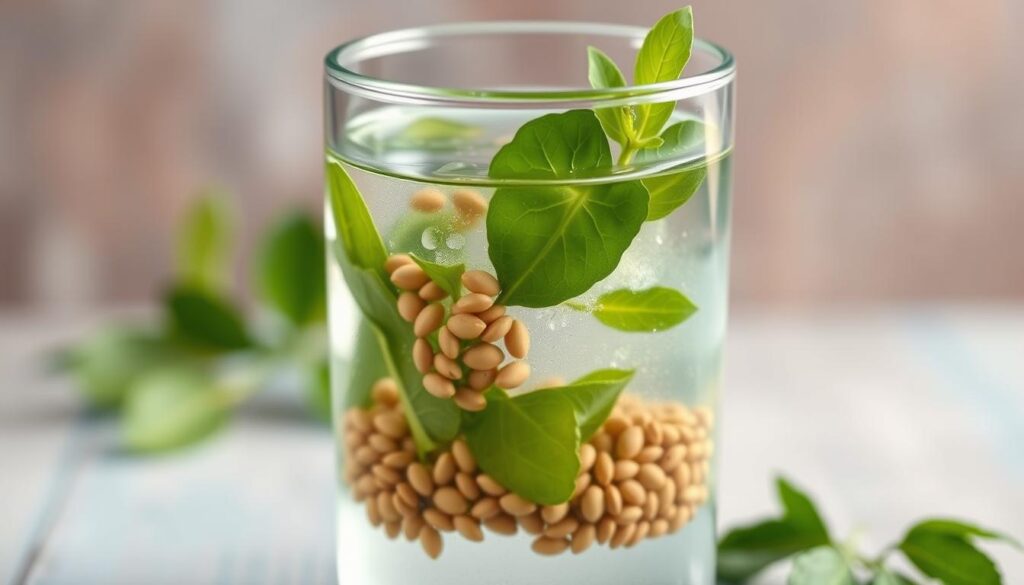 Generate an image of a glass of methi water with fenugreek seeds.
