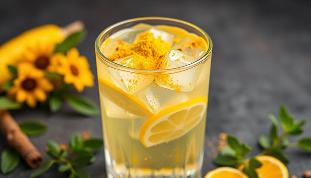 Generate an image of a glass of turmeric and black pepper detox water with a sprinkle of turmeric powder on top.