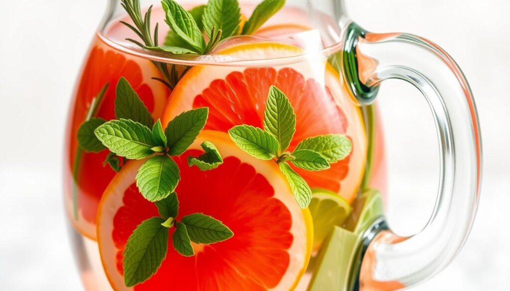 Generate an image of a pitcher of Grapefruit Mint Detox Water with grapefruit slices, mint leaves, and rosemary.