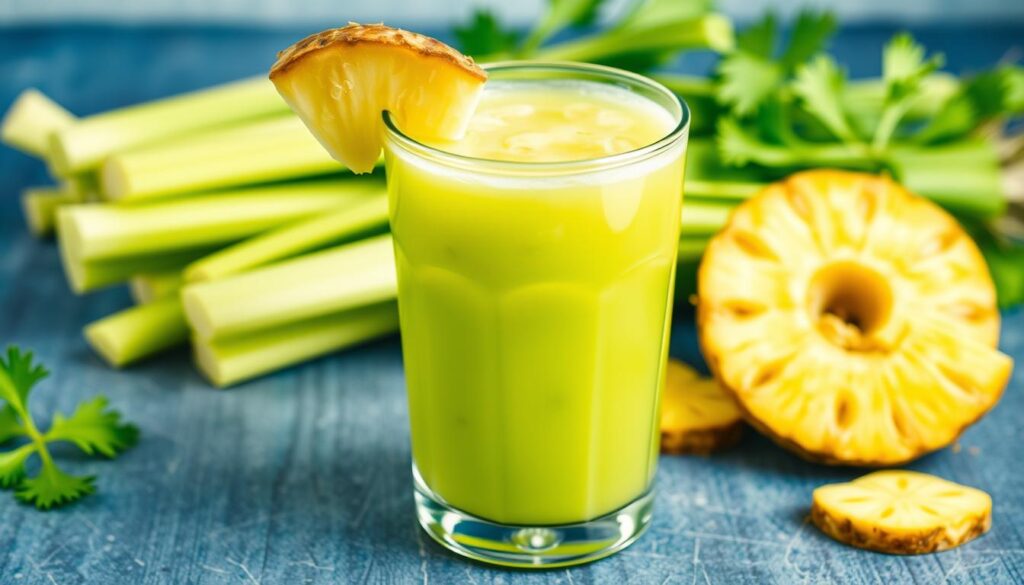 Generate an image of a refreshing celery and pineapple juice.