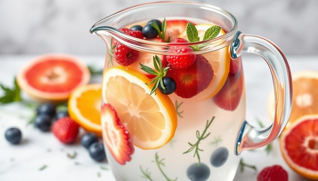 Generate an image of a refreshing fruit-infused detox water pitcher with various fruits and herbs.