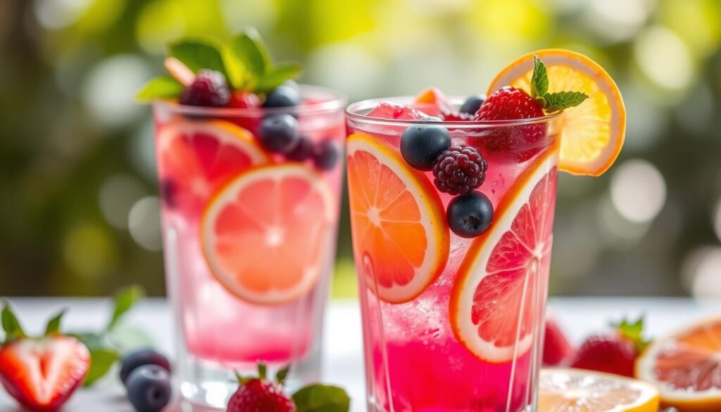 Generate an image of a refreshing glass of Berry and Citrus Fat-Burning Water with slices of citrus fruits and berries.