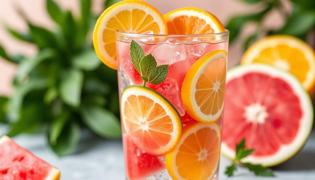 Generate an image of a refreshing glass of Watermelon Citrus Detox Water with slices of watermelon, orange, lemon, and cucumber.