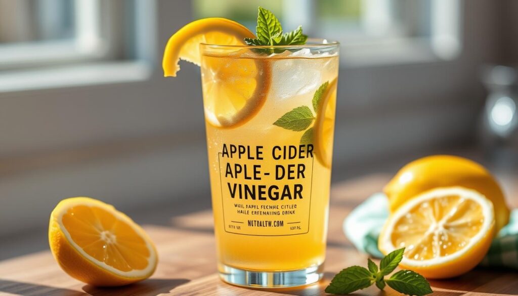 Generate an image of a refreshing glass of apple cider vinegar detox drink with slices of lemon and a sprig of mint.