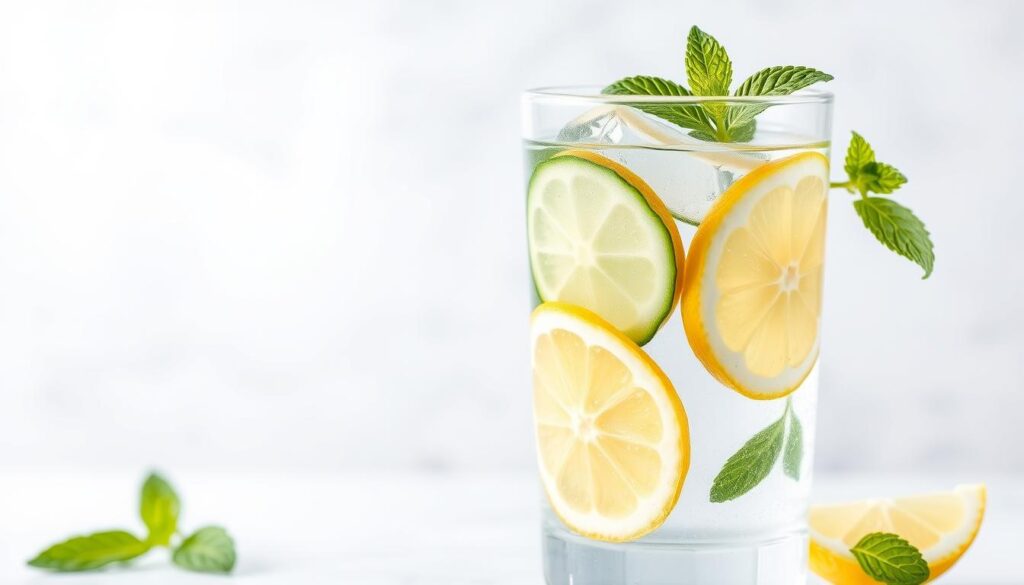 Generate an image of a refreshing glass of detox water with slices of lemon, cucumber, and mint.