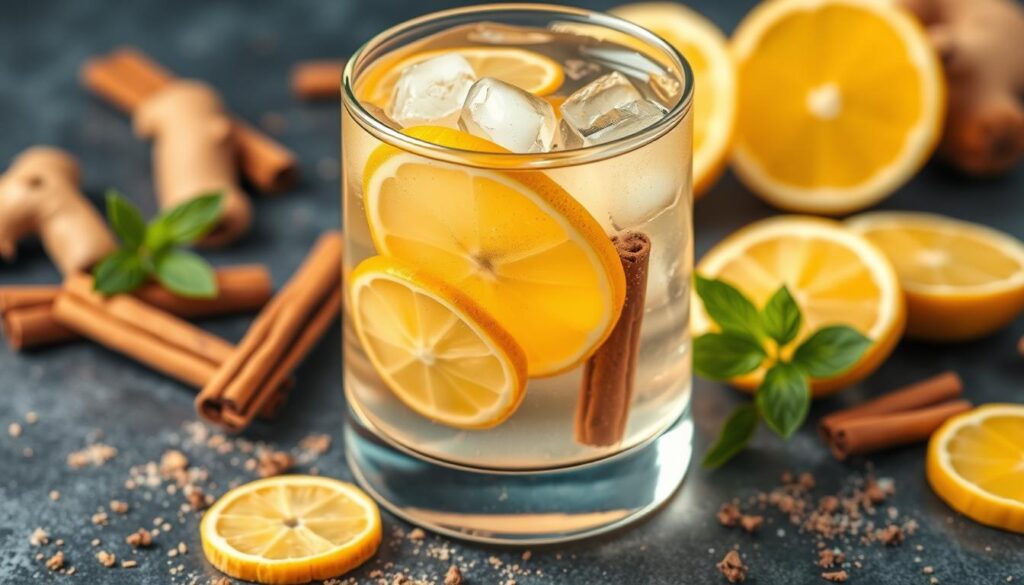 Generate an image of a refreshing glass of ginger and cinnamon detox water with slices of ginger and cinnamon sticks around it.