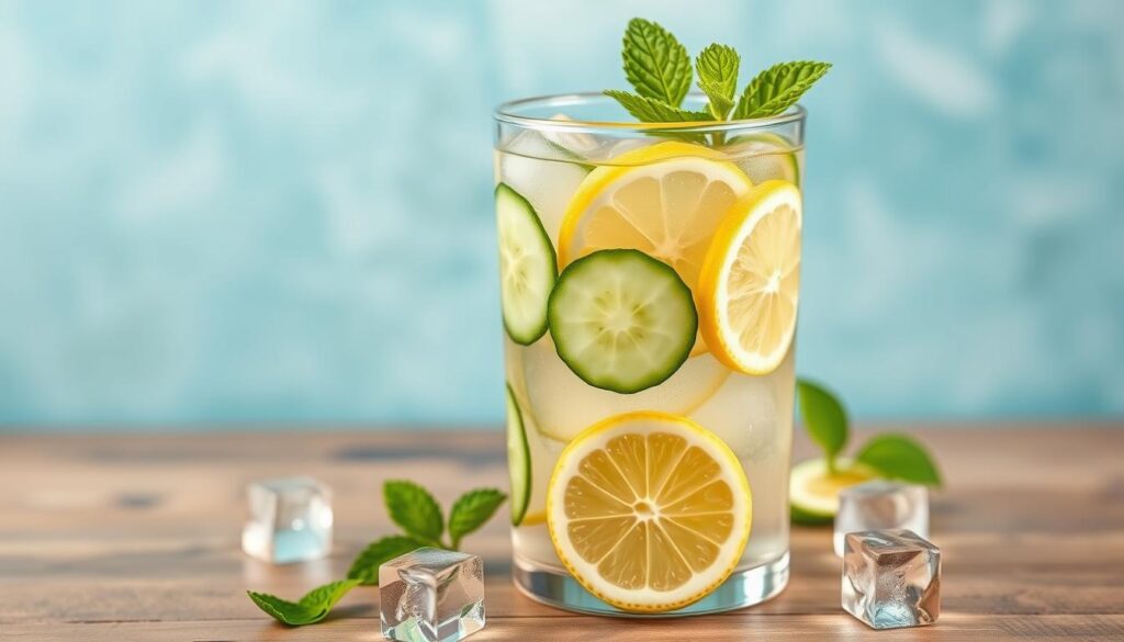 Generate an image of a refreshing glass of lemon and cucumber detox water.