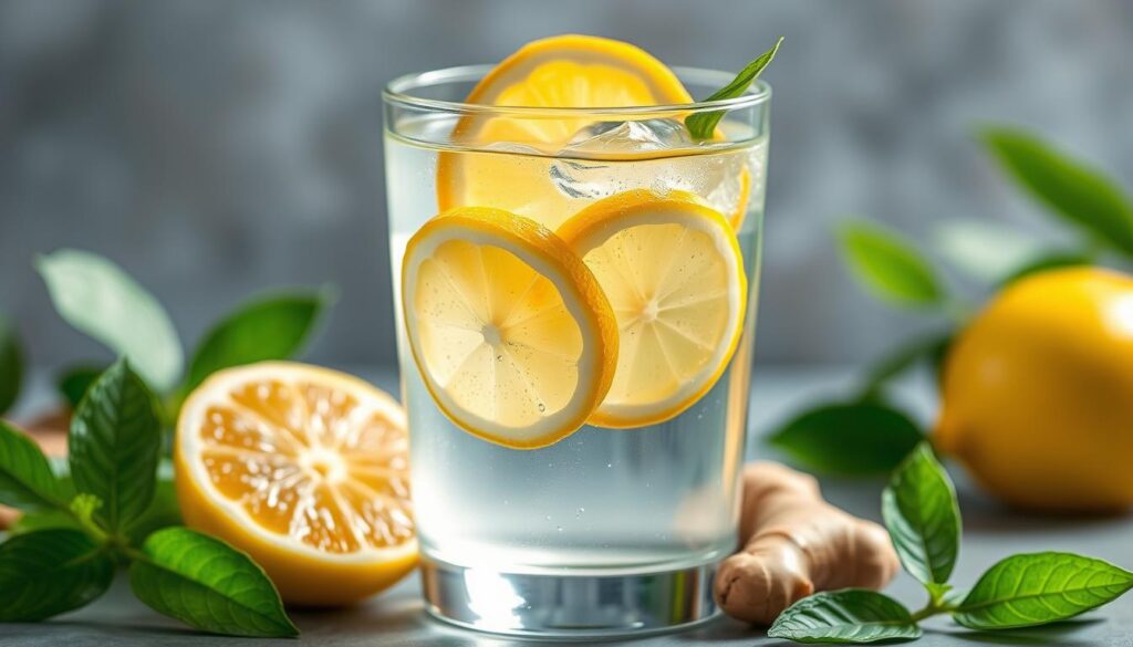 Generate an image of a refreshing glass of lemon and ginger detox water with slices of lemon and ginger floating in it.