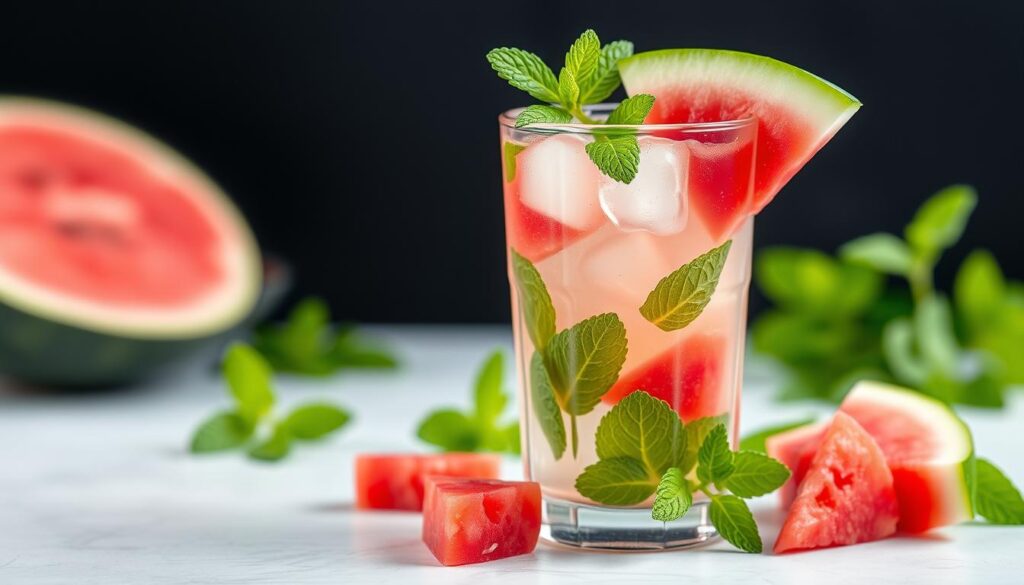 Generate an image of a refreshing glass of mint and watermelon detox water with slices of watermelon and fresh mint leaves.