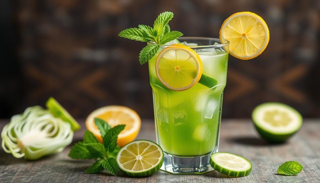 Generate an image of a refreshing green juice with cabbage, lemon, and cucumber.