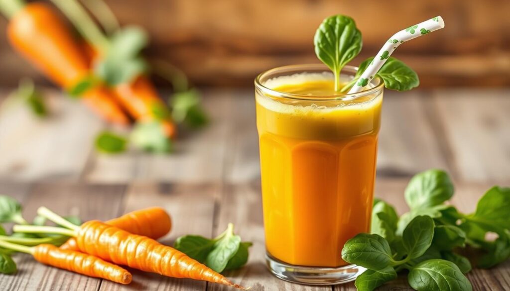 Generate an image of a vibrant carrot and spinach juice.