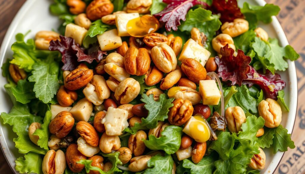Generate an image of a vibrant winter salad with mixed greens, nuts, and a drizzle of golden oil.
