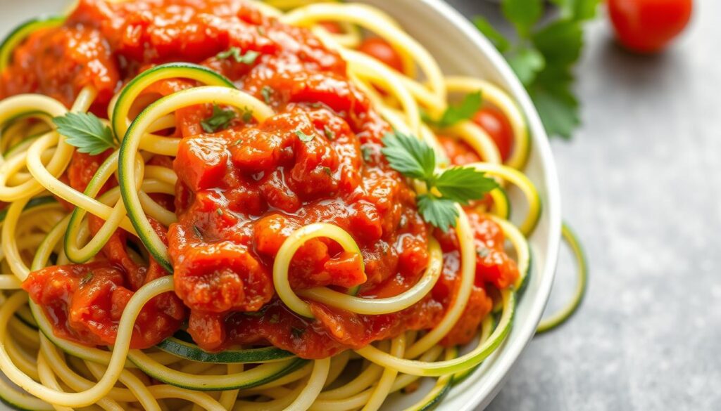 Generate an image of spiralized zucchini noodles tossed in a vibrant red pepper sauce, garnished with fresh herbs.