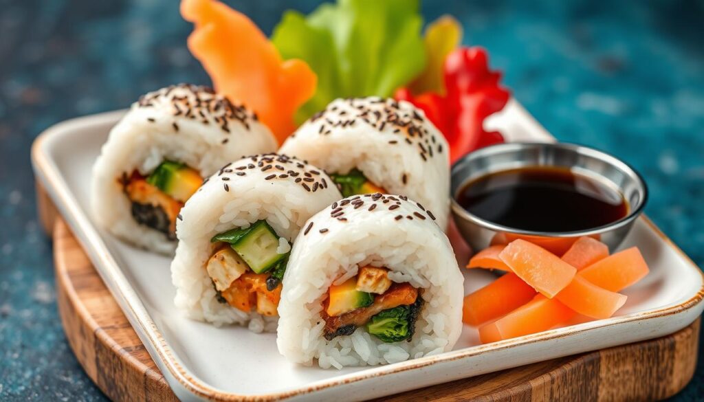 Generate an image of vegan onigiri, or Japanese rice balls, served with a side of soy sauce and pickled ginger.