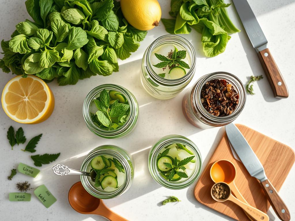 Glass jars with herbal detox waters being prepared and stored Glass jars with herbal detox waters being prepared and stored